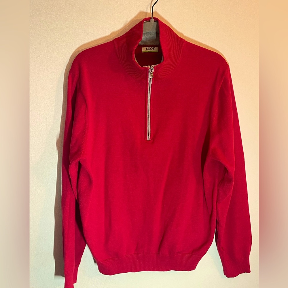 IZOD Sweater Men Large Red Gray Long Sleeve Mock Neck 1/3 Zip Pullover Golf Knit